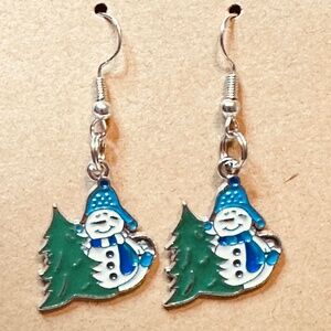 Stainless Steel Earring Hooks Snowman Hat & Scarf with Christmas Tree Handmade